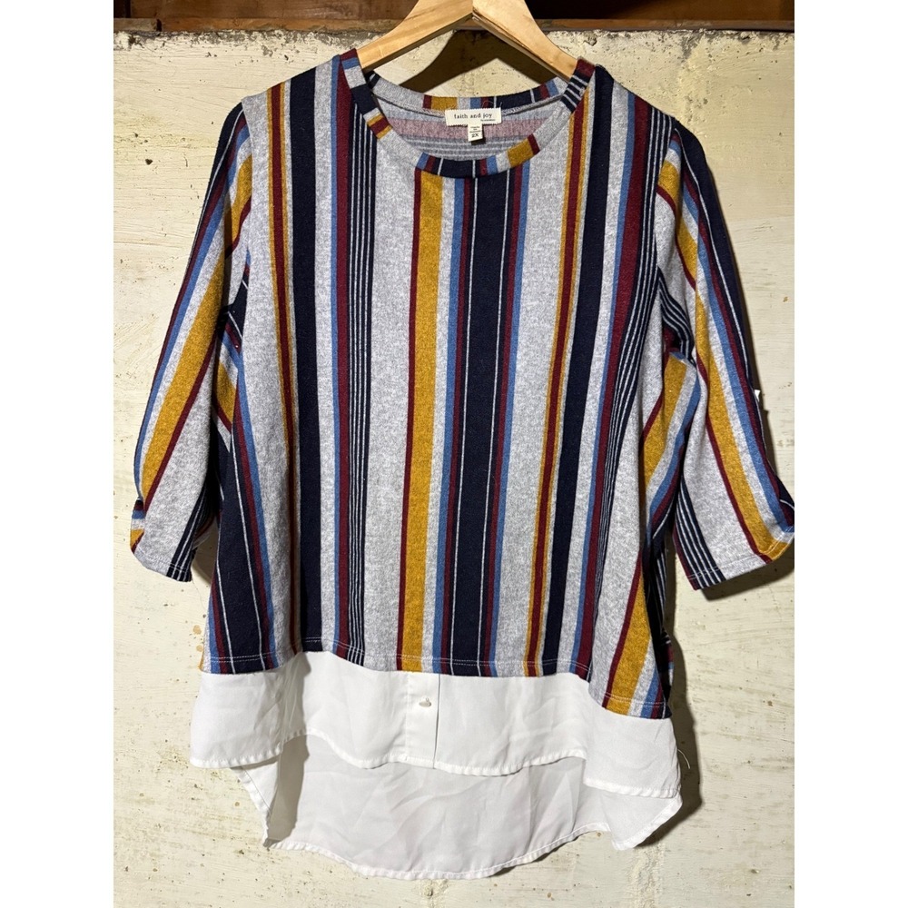 Faith and Joy Womens 2X Mixed Media Layered Blouse Blue Striped Knit Woven Top